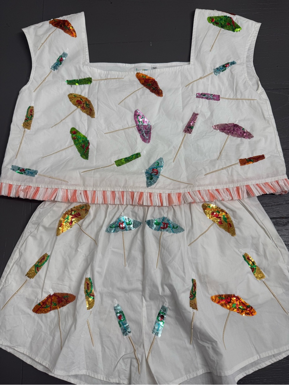 QUEEN OF SPARKLES White Sequin Umbrella Short Set with Multicolor Accents